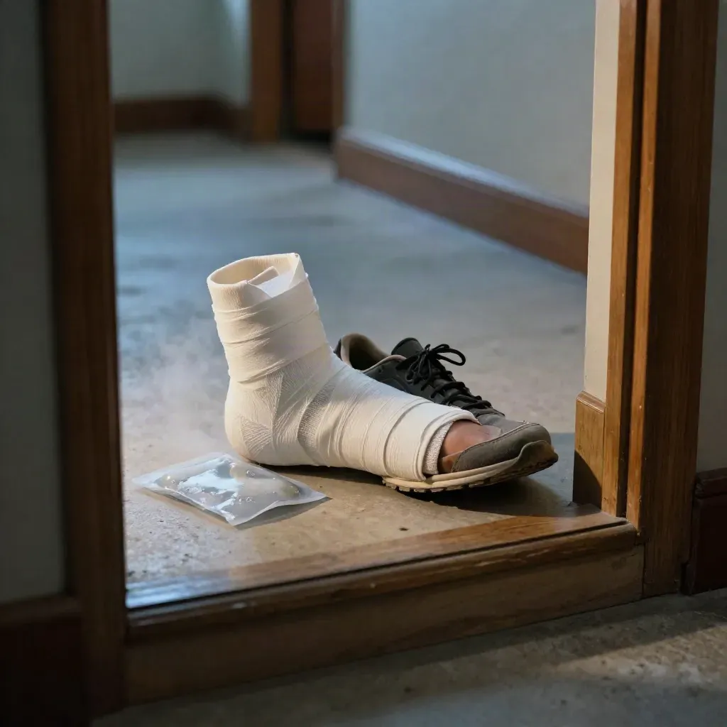 Tipped athletic shoe, ankle wrap, and ice pack by a stair in a cool hallway.