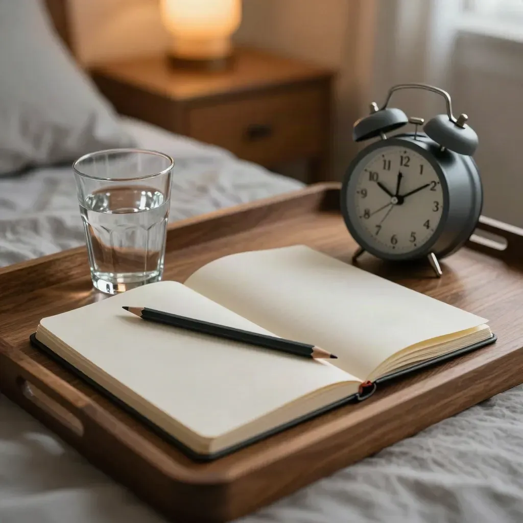 Blank notebook, pencil, water glass and alarm clock on a bedside tray in warm night light.