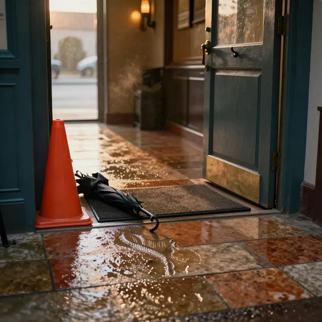 Wet entry tile with caution cone, fallen umbrella, and boot print after a slip by a doorway.