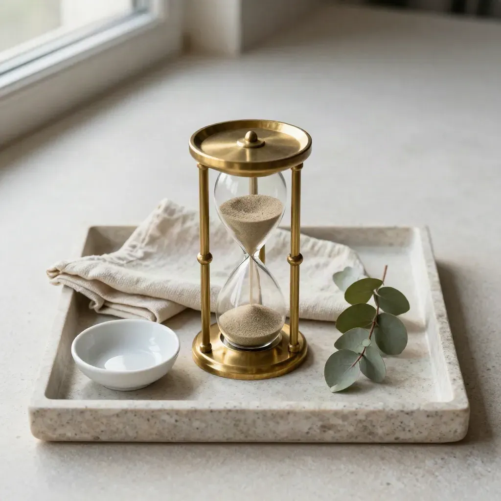 Brass hourglass with linen, ceramic dish, and eucalyptus on a stone tray
