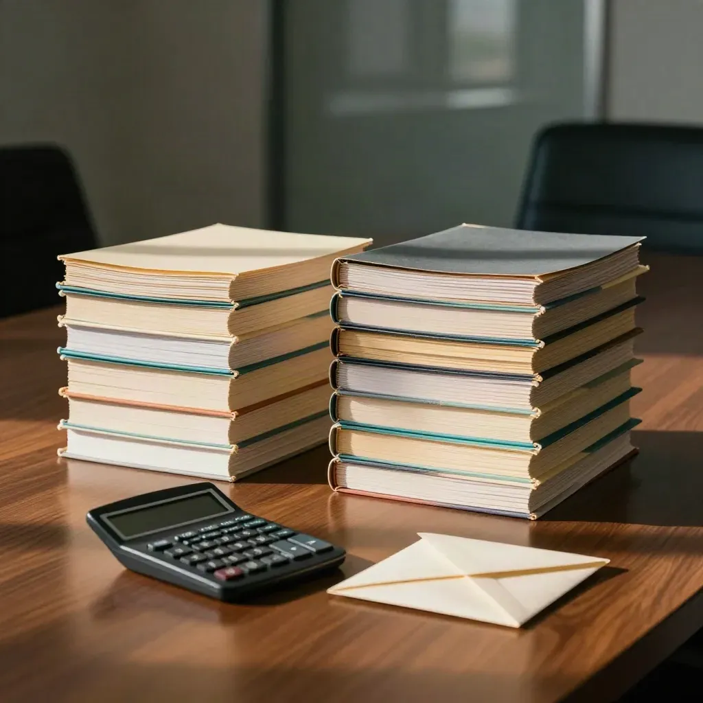 Law folders, calculator, and sealed envelope on a negotiation table in moody window light.