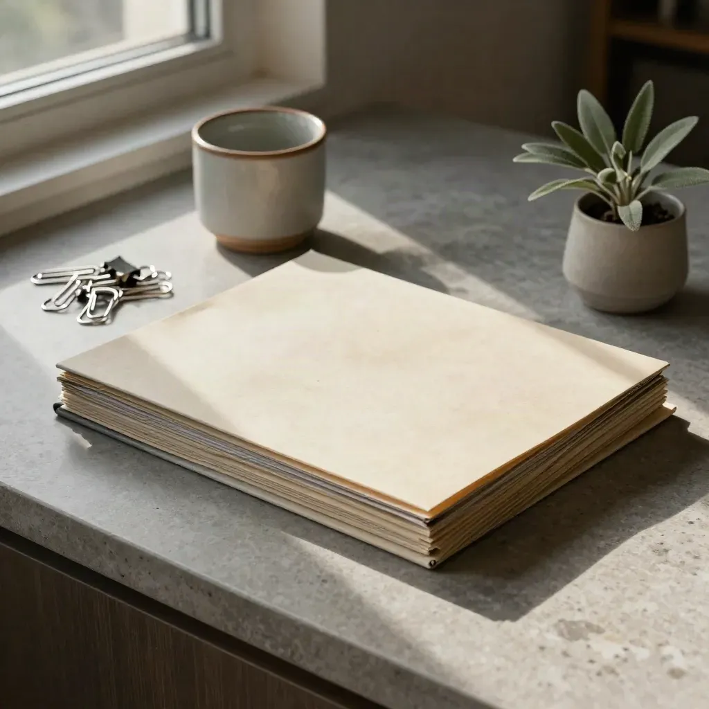 Tab folders, paper clips, cup, and plant on a stone legal records desk in soft window light