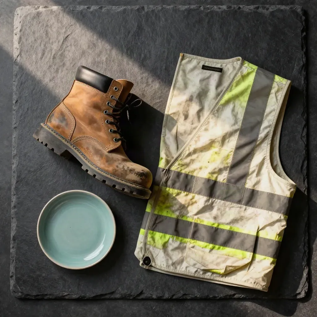 Steel-toe boot, folded hi-vis vest and ceramic dish on slate under soft workshop light
