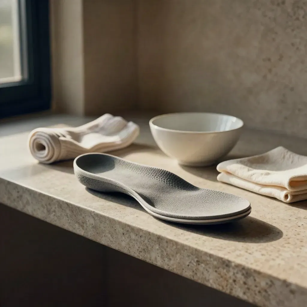 Orthotic insert, compression sock, bowl and cloth on a stone shelf in soft window light.
