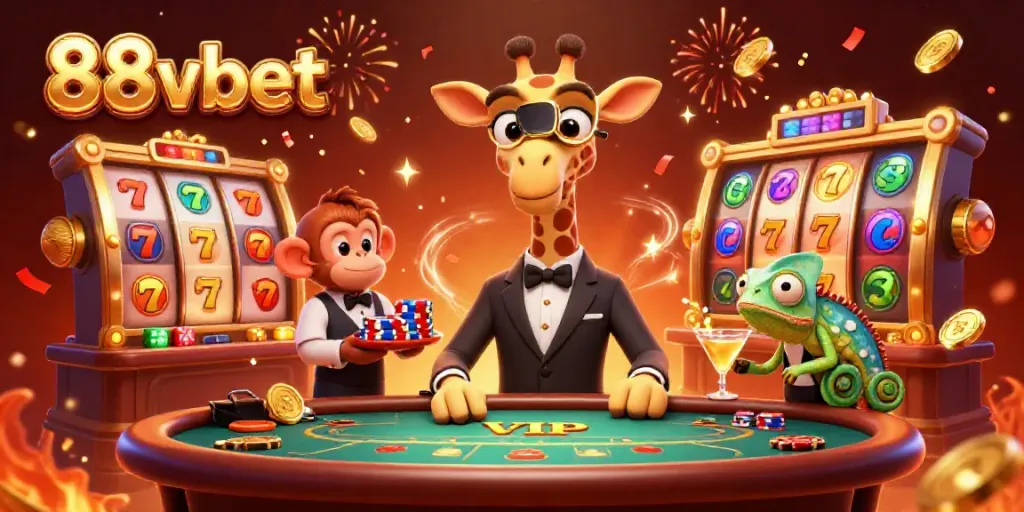 Experience the excitement at 88vbet with a vibrant casino scene featuring a high-roller giraffe.