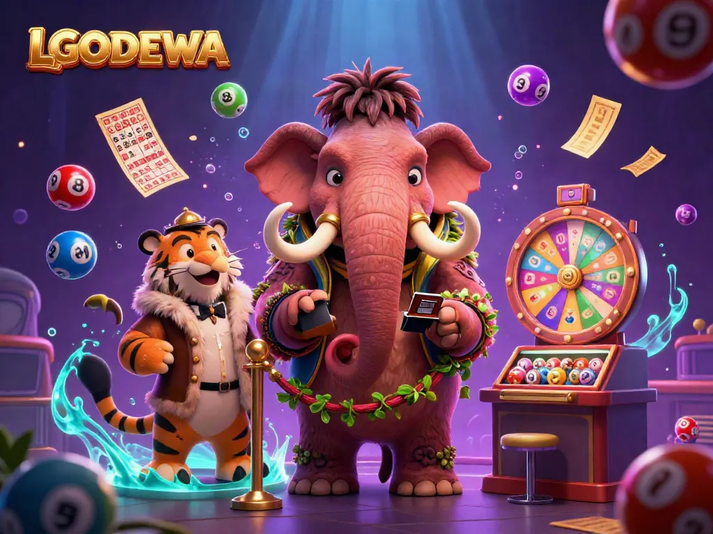 Join the vibrant LGODEWA casino scene as a woolly mammoth bouncer ensures entry for a stylish saber-toothed VIP guest.