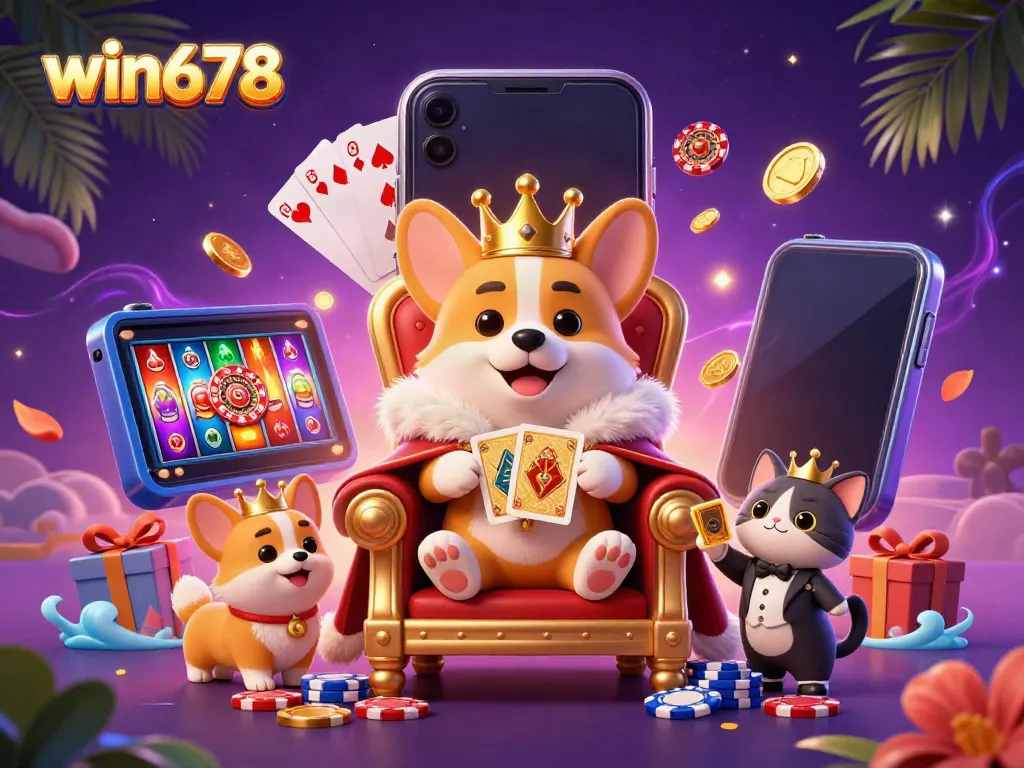Experience the excitement of win678 with a vibrant 3D illustration of a royal corgi amidst casino elements.