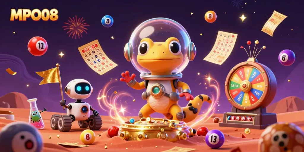 Experience the vibrant atmosphere of MPO08 with a Martian gecko discovering a golden casino in a dynamic celebration scene.