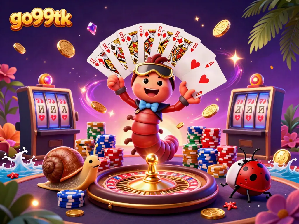 Experience exciting gameplay at go99tk with a vibrant illustration of a cartoon millipede dealer and casino elements.
