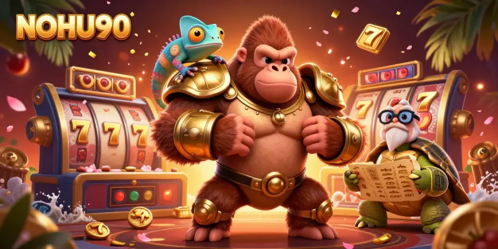 Experience thrilling casino adventure with NOHU90 in vibrant 3D art featuring a gorilla king, chameleon spy, and tortoise elder.