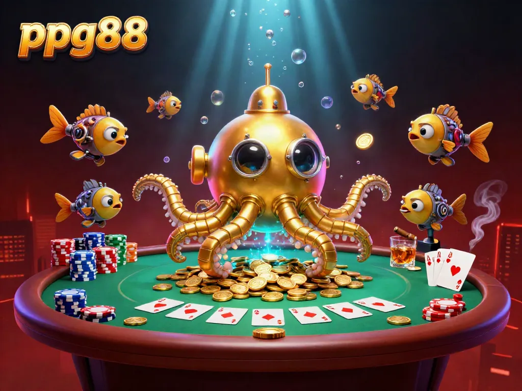 Engage in thrilling games at ppg88, watching the golden kraken submarine amidst vibrant casino elements.