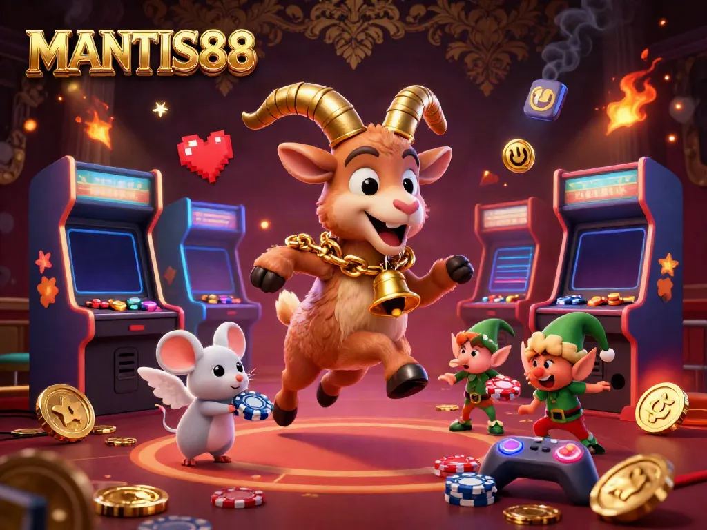 Experience high-energy gaming with MANTIS88's festive casino scene featuring Krampus and playful characters.