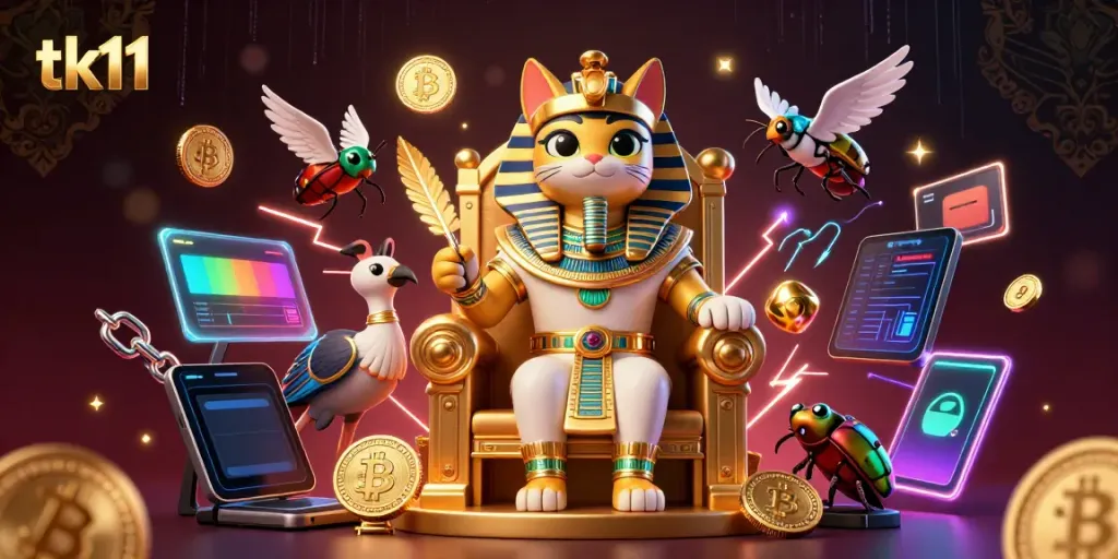 Engage with the vibrant tk11 online casino world dominated by an Egyptian pharaoh cat amid crypto icons.