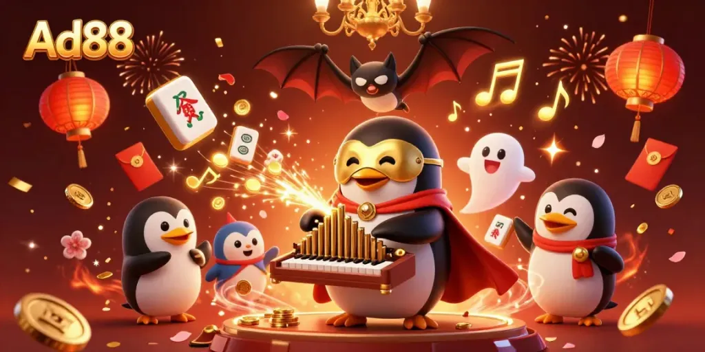 Win big with Ad88 in a vibrant 3D casino scene filled with gold coins, lanterns, and festive fireworks.