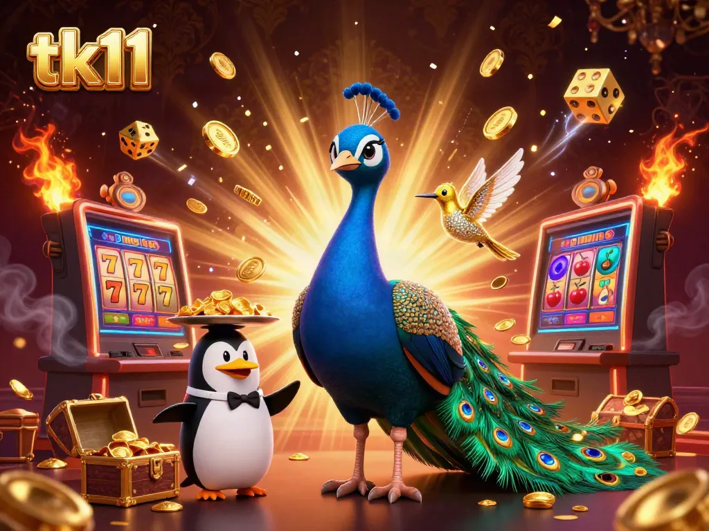 Engage with tk11's vibrant online casino world featuring a majestic peacock and dynamic game elements.