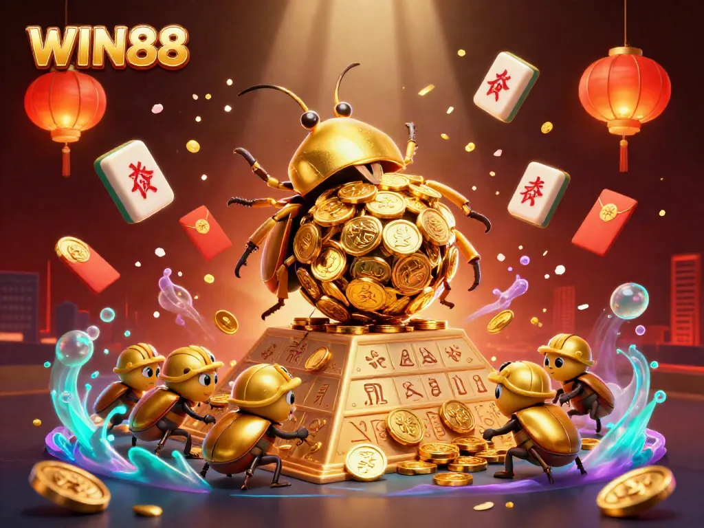 Experience the vibrant world of WIN88 with golden coins and casino symbols in a dynamic illustration.