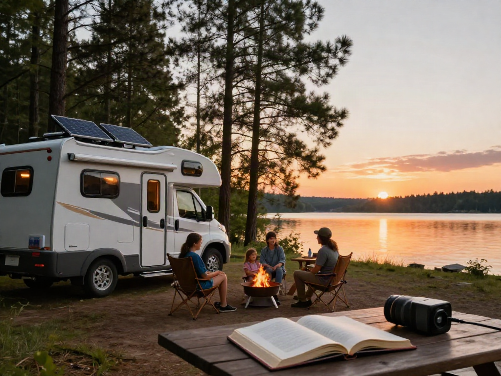 Family enjoying their RV with rv lithium battery support by a scenic lakeside.