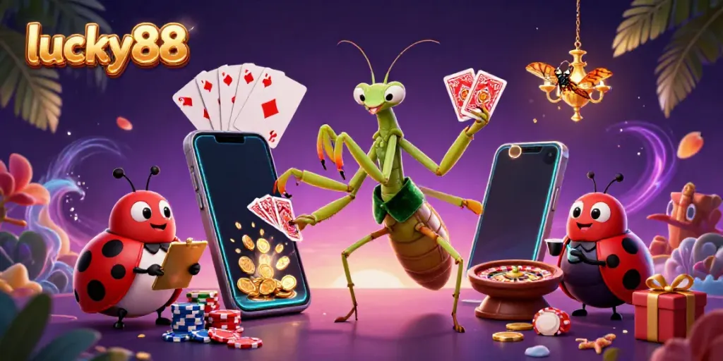 Experience the excitement of lucky88 with a vibrant casino scene featuring a giant praying mantis card sharp and ladybug pit boss.