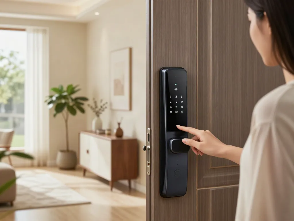 Smart lock on a stylish home door, demonstrating advanced home security features such as a keypad and biometric scanner.