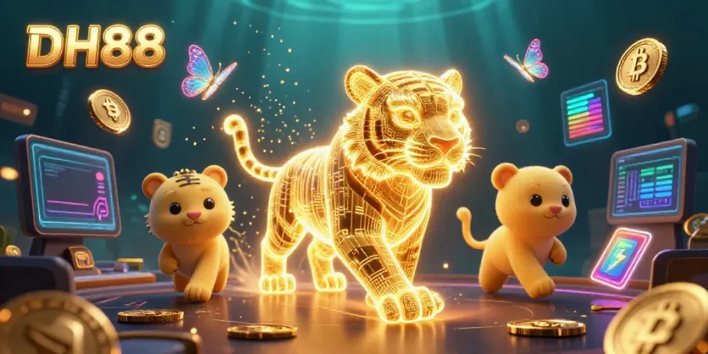 Engage in thrilling online gaming at DH88, featuring vibrant casino visuals and crypto elements.