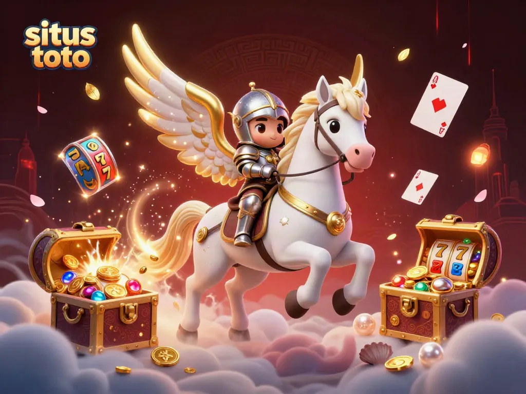 Engage with situs toto as a celestial knight captures slot machine treasures in an enchanting 3D scene.