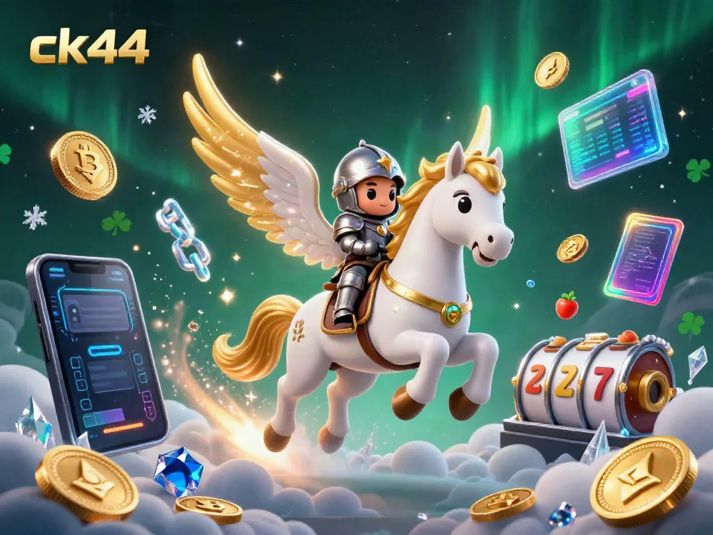 Spin reels with ck44’s captivating gaming elements, featuring glowing coins and a celestial horse.