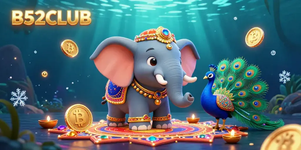 B52CLUB illuminates a vibrant scene of a Diwali-themed elephant amidst Bitcoin and Ethereum coins in a rich casino-themed atmosphere.