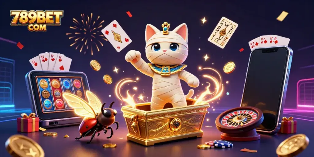 Experience thrilling action with 789BET COM in a vibrant pyramid casino scene featuring an Egyptian mummy cat and casino games.