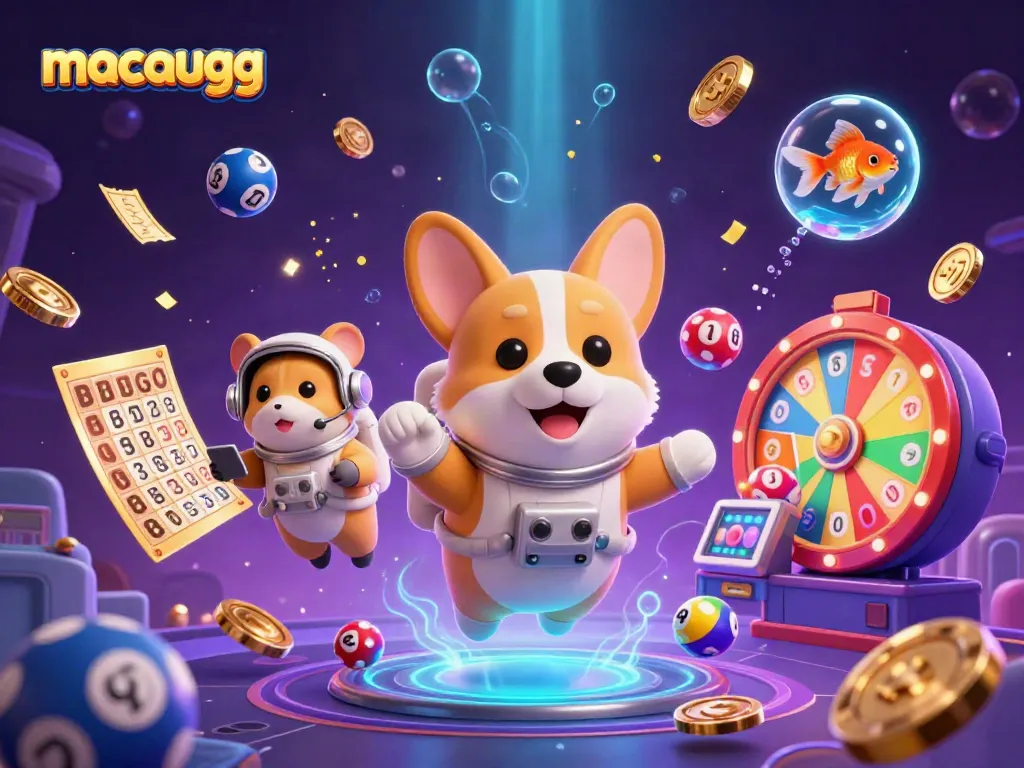 Experience thrills at macaugg with a floating casino scene featuring a corgi astronaut surrounded by gaming elements.