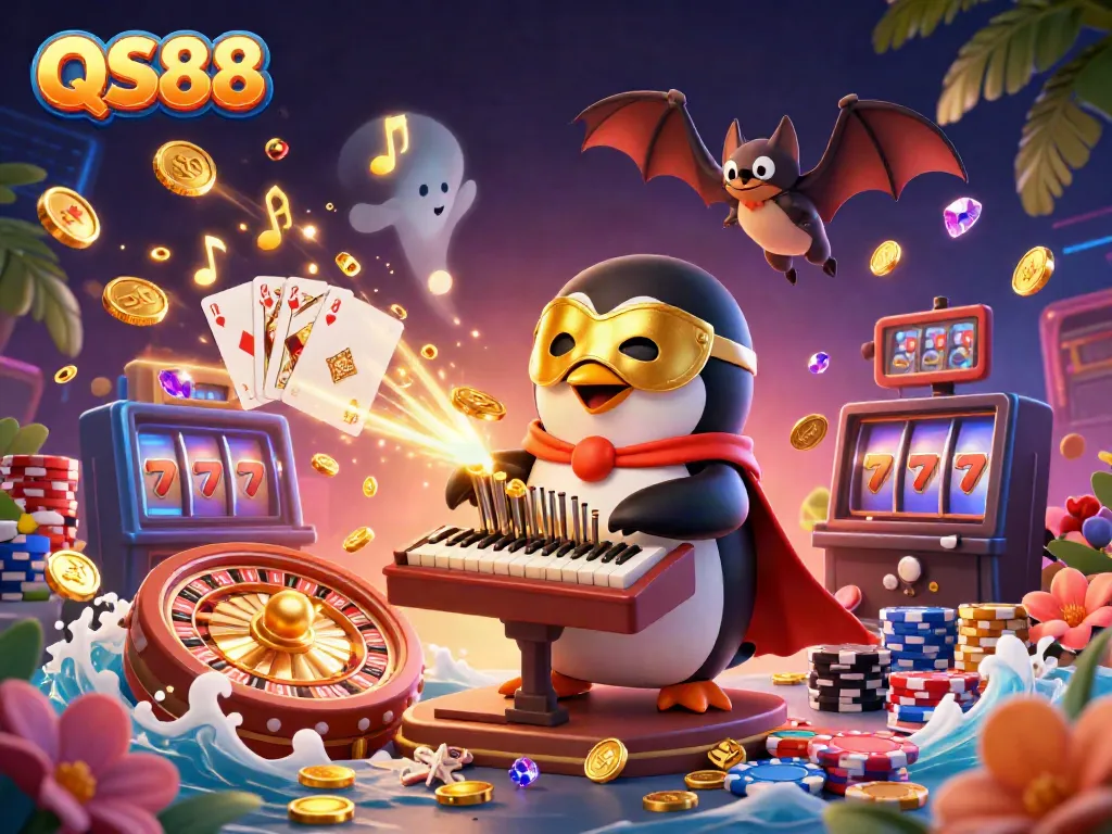 Experience the excitement of QS88 with a vibrant 3D casino scene featuring animated characters and casino elements.