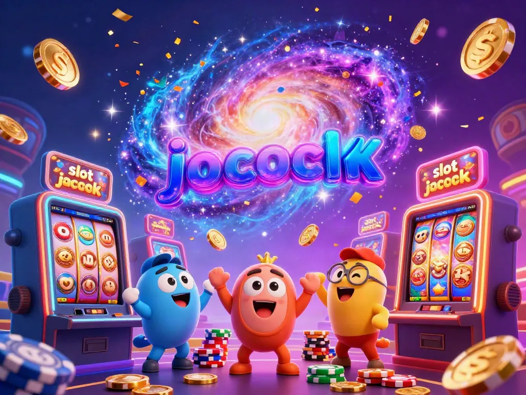 Engaging cartoon characters celebrating a slot jackpot win amidst overflowing gambling chips and festive lights.