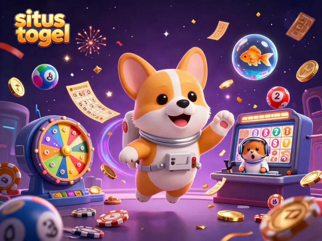Engage with situs togel through a vibrant space casino scene featuring floating characters and dynamic lottery elements.