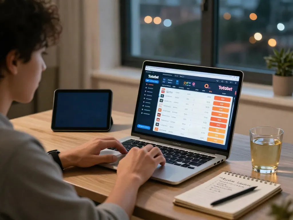 Engaging Totobet online betting setup with user at laptop and smartphone.