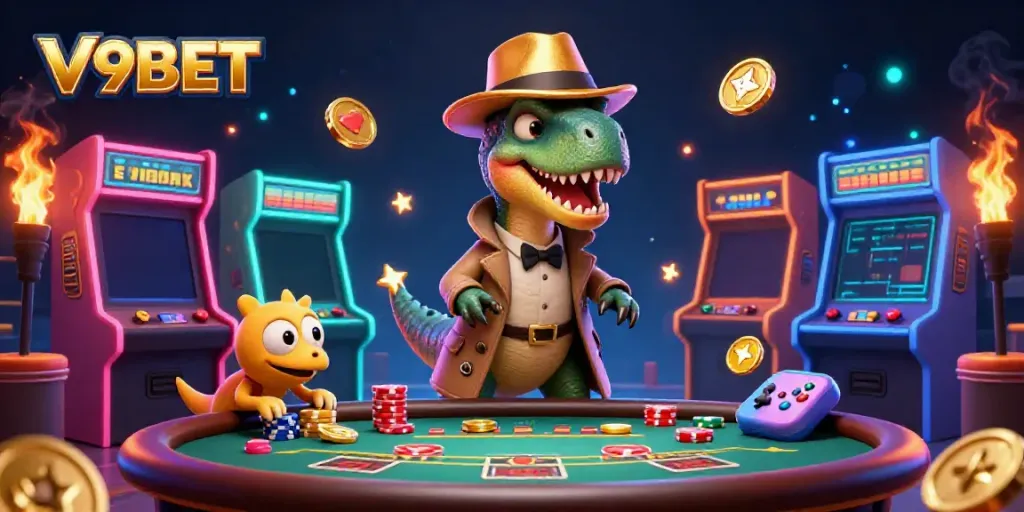 V9BET showcases an energetic casino scene with a velociraptor card counter and a stegosaurus pit boss.