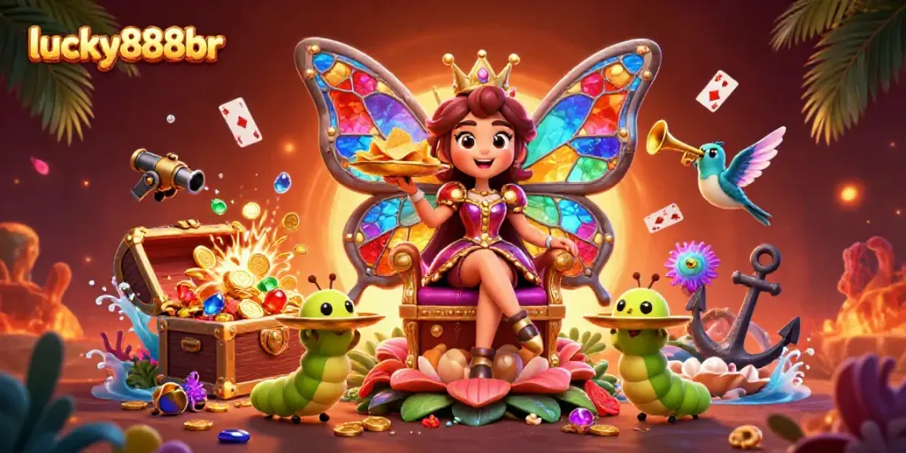 Engage with lucky888br at this vibrant, colorful casino-themed illustration promoting fun and gaming excitement.