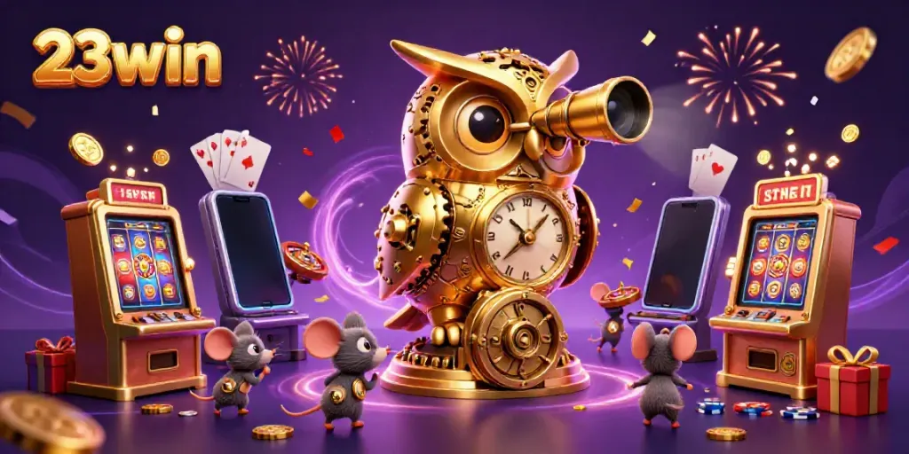Engage with thrilling games at 23win casino featuring a golden owl and festive atmosphere.