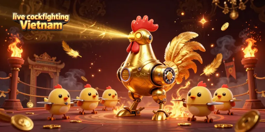 live cockfighting Vietnam đấu gà hấp dẫn với robot gà vàng 3D trong đấu trường sôi động