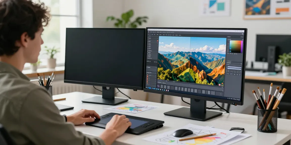 Creative professional refining images with an AI image variation generator in a modern digital art studio.