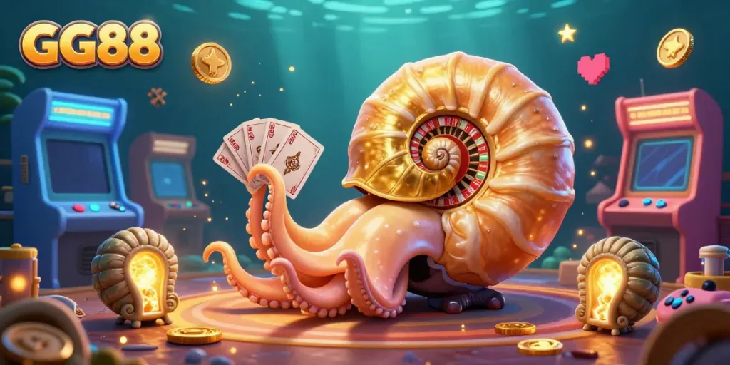 Experience the excitement of GG88 with vibrant casino games and a magical nautilus roulette wheel.