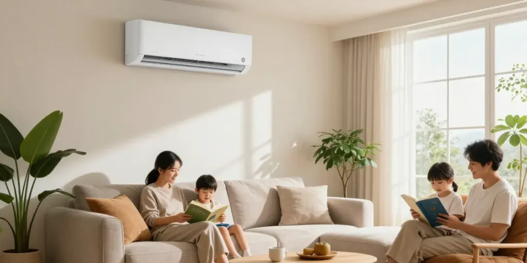Cozy living room with a mini split ac unit providing efficient cooling for family comfort.