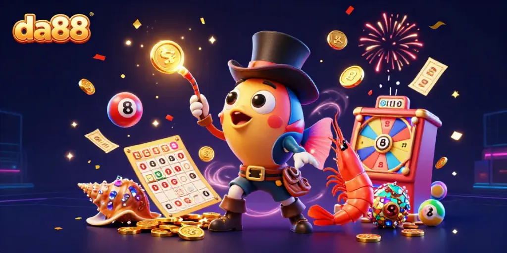 Engage with da88's vibrant gaming scene featuring a colorful lottery theme and animated underwater characters.
