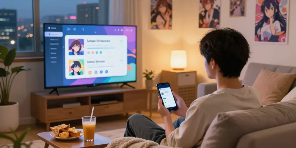 Personne profitant de l'application Senpai Stream dans un salon confortable, regardant des anime.