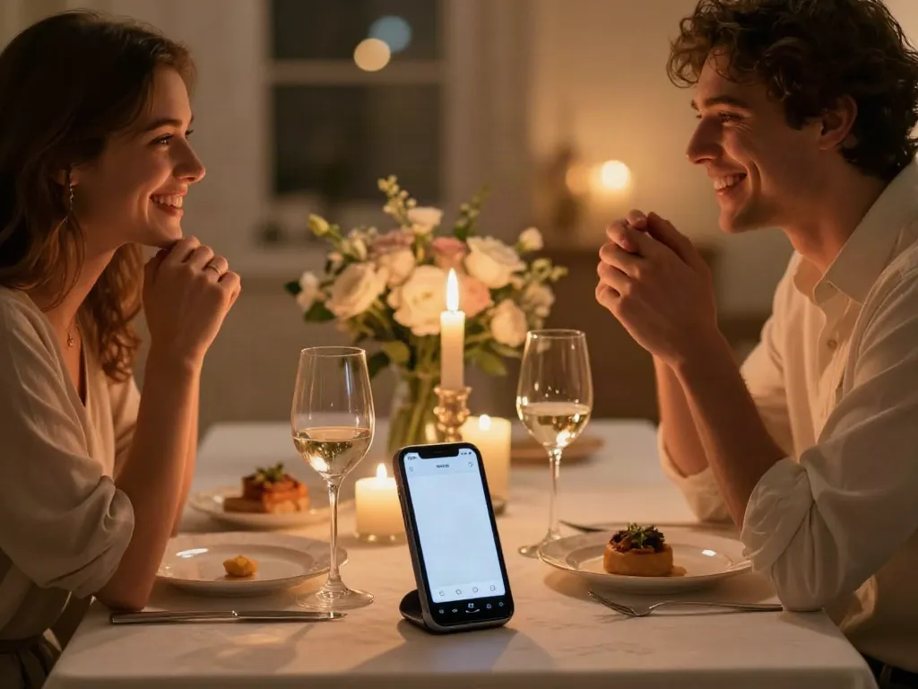 AI sexting app interface displayed during an intimate dinner setting.