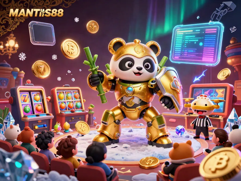 MANTIS88 showcases a vibrant casino scene with a mech-suit golden panda in action, surrounded by colorful slot elements.
