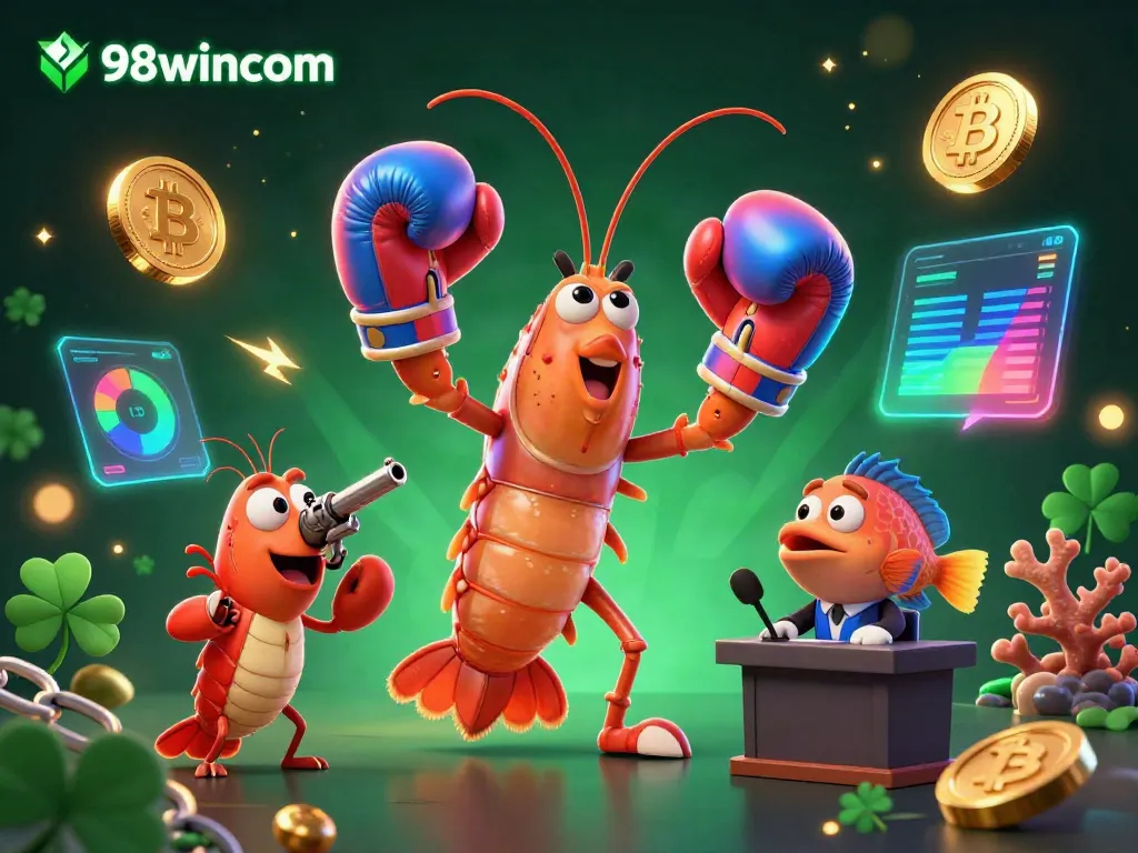 Experience thrilling gameplay with 98wincom featuring a vibrant 3D mantis shrimp boxing, crypto coins, and deep ocean elements.