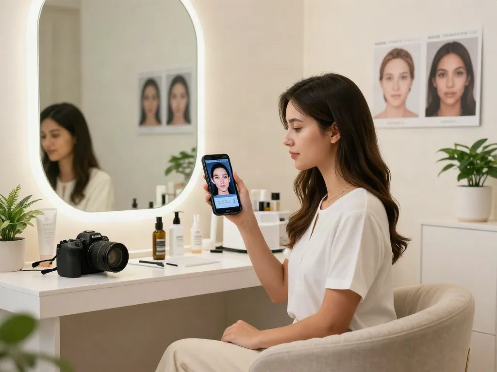 Alternatives to QOVES visual representation showcasing a woman analyzing her beauty results in a professional setting.