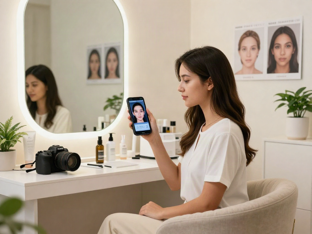 Alternatives to QOVES visual representation showcasing a woman analyzing her beauty results in a professional setting.