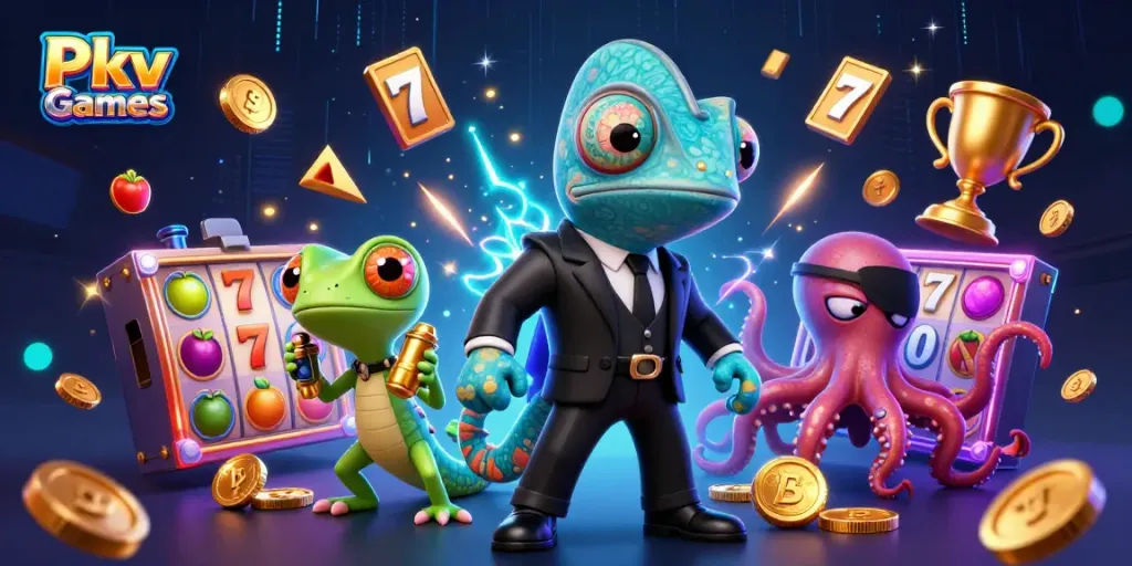 Experience the excitement of Pkv Games with a vibrant 3D casino illustration featuring dynamic slot elements and colorful characters.