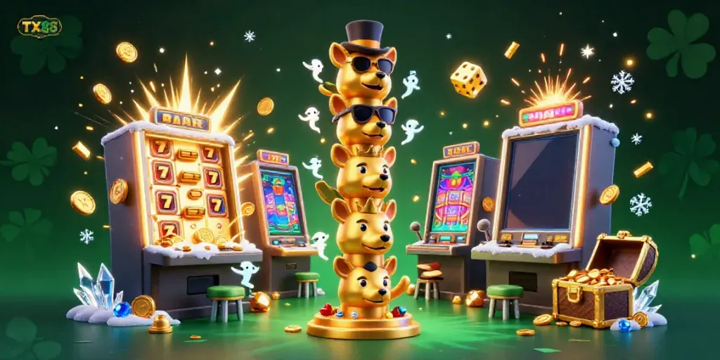 Experience thrilling jackpots at TX88 with a vibrant casino scene featuring colorful elements and animated characters.
