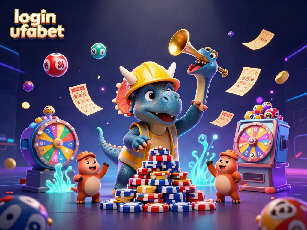 Experience thrilling gameplay with login ufabet as a joyful triceratops builds a poker chip pyramid amidst lottery excitement.